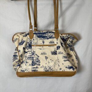 Disney Winnie the Pooh Toile Canvas Shoulder Bag Tan Leather Trim